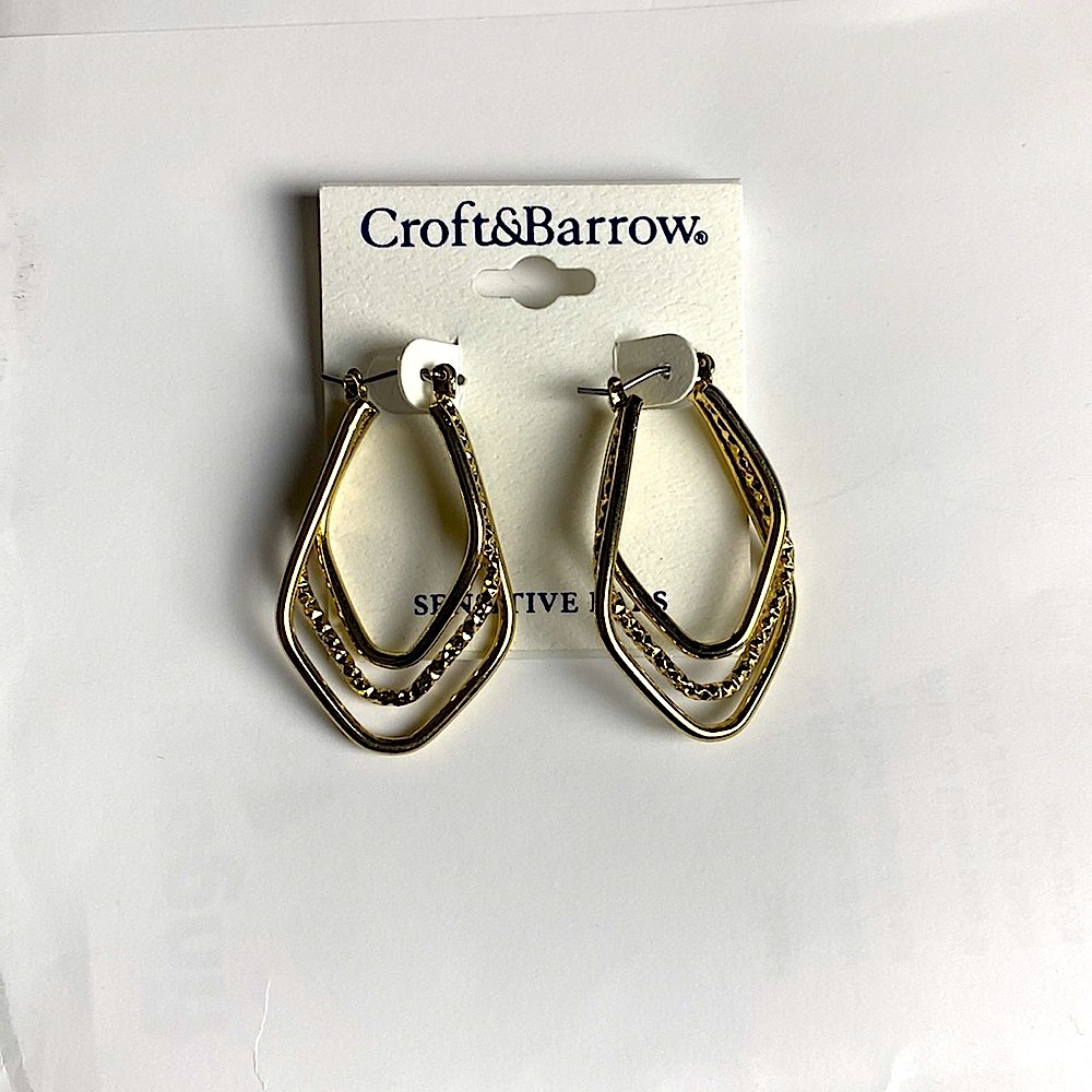 Croft & Barrow Gold Triple Hoop Elongated Textured Bohemian Style Earrings NWOT